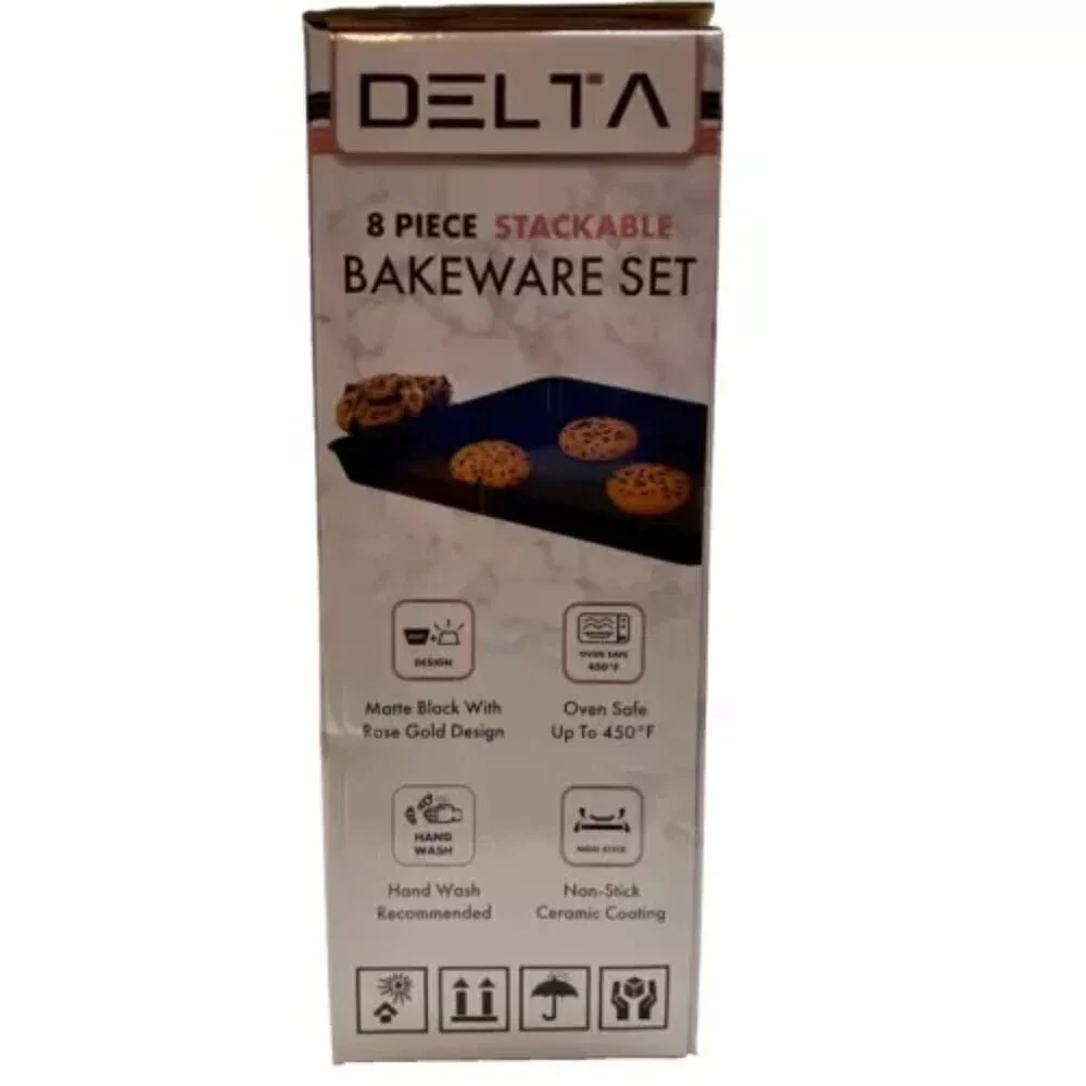 Delta 8 Piece Nonstick Stackable Bakeware Set Matte Black‎ Rose Gold Trim NIB